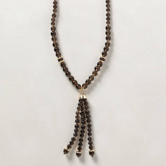 Anthropologie Long Beaded Necklace Zilia Tassel Clear Brown Glass - Picture 2 of 3